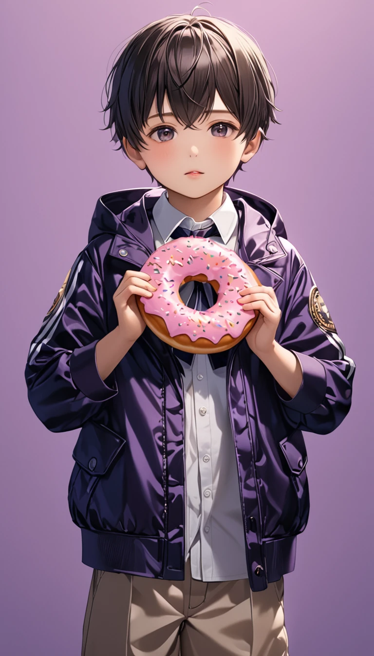 (masterpiece,best quality,beautiful and aesthetic:1.2),(high detailed skin:1.2),8k uhd,dslr,soft lighting,high quality,film grain,((1boy,male)),doughnut,food,solo,ponytail,fruit,sleeveless,holding,bow,holding food,purple background,jacket,8-year-old boy,little boy,kids,child,loli,