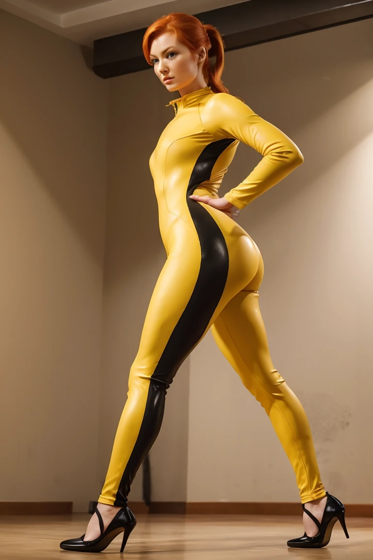 Elegant sophisticated joyful redhead lady, yellow Bruce Lee styled spandex catsuit, , standing , looking at viewer , strict, ponytail,black heels