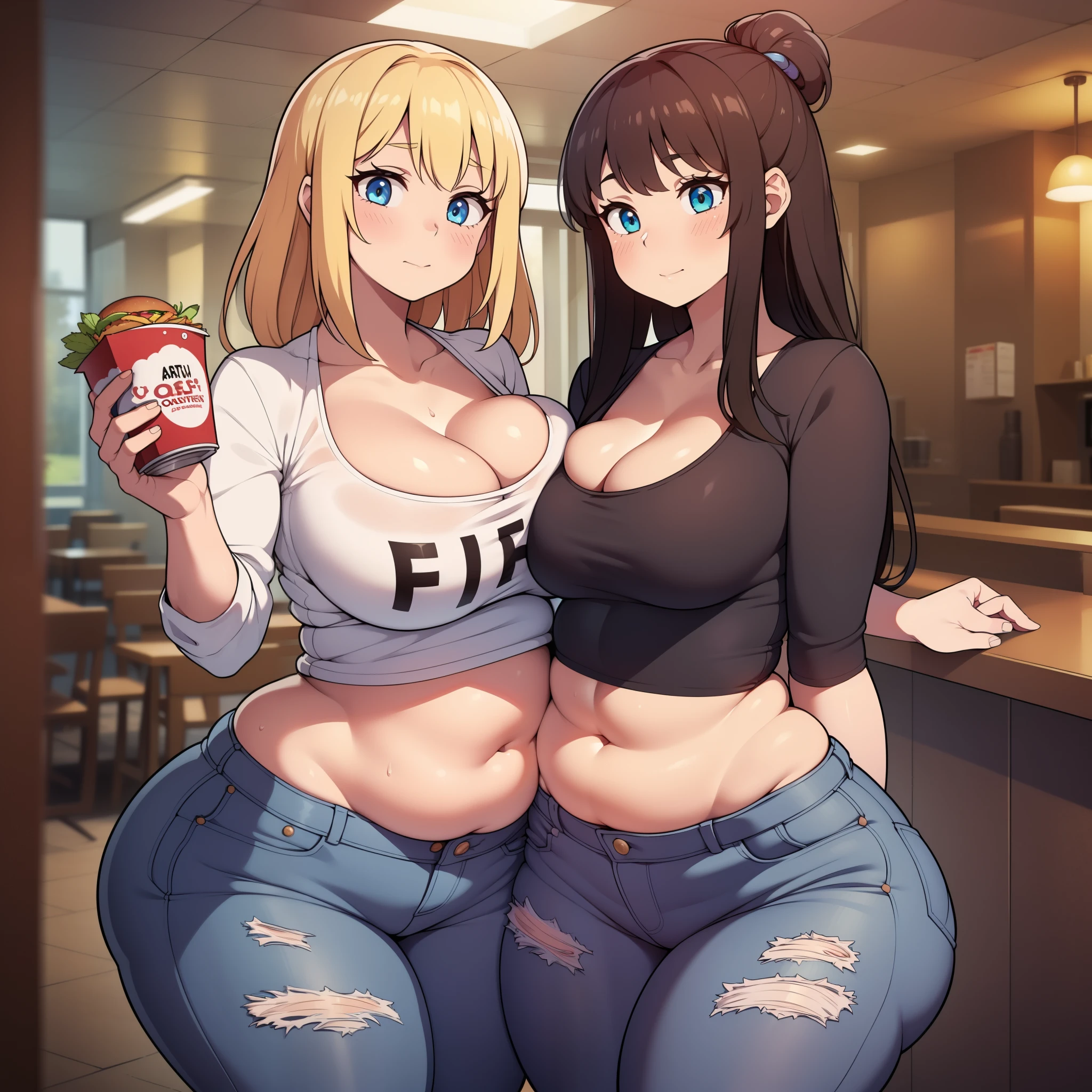 ((highres)), Masterpiece, high quality, best quality, beautiful, perfect lighting, detailed face, ultra cute face, ((2girls)), blush, one girl has blonde hair, blue eyes, crop top and shorts, one girl has brown hair, green eyes, jeans, white shirt, fast food restaurant, cleavage, medium breasts, ((wide hips)), (thick thighs), ((chubby)), chubby belly, belly grab, fat folds, standing next to each other, hugging each other,