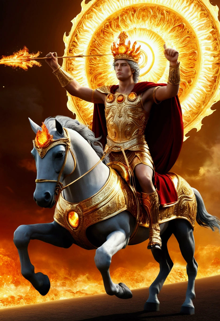 Generate a detailed CGI image showing a depiction of Helios, Helios, with his radiant golden crown, steering his chariot pulled by flaming horses