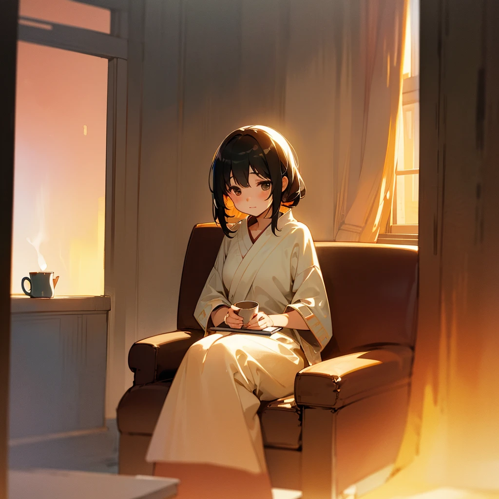 In a room bathed in the sunset、A woman sitting on a sofa reading a book。There is a cup of hot tea in front of me、Steam is rising。Watercolor、warm color、Serene atmosphere