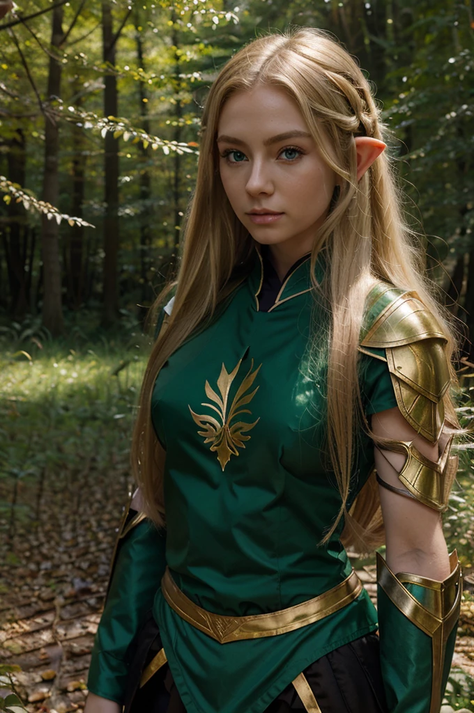 a beautiful elf woman with blonde long hair and green eyes in Ryô Mizuno style, in a forest, high elf very beautiful armor