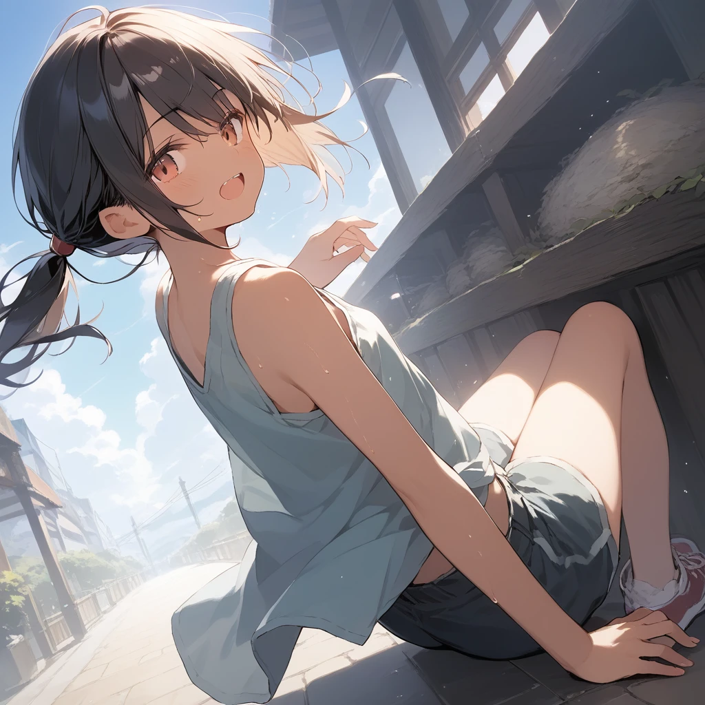 score_9, score_8_up, score_7_up, source_anime, best quality, masterpiece, official art, absurdres, highres, ultra-detailed,waifu2x,Collection: Slice of Life,break,1girl, tomboy, dark-skinned female, short hair, low ponytail, flat chest, beautiful detailed eyes, shorts, sweat, open mouth, (yawn:0.3), sleepily, outdoors, wind,break,(clear line illustration:1.2), super detailed skin,very high resolution, very aesthetic, Best sexual lighting powered by famous artist, 8k,cute picture,beauty illustration,photoshop_(medium),,(Detailed Lighting),best anime 8k konachan wallpaper, pixiv contest winner,