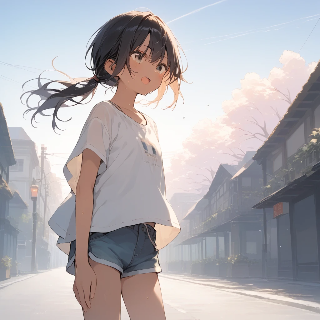 score_9, score_8_up, score_7_up, source_anime, best quality, masterpiece, official art, absurdres, highres, ultra-detailed,waifu2x,Collection: Slice of Life,break,1girl, tomboy, dark-skinned female, short hair, low ponytail, flat chest, beautiful detailed eyes, shorts, sweat, open mouth, (yawn:0.3), sleepily, outdoors, wind,break,(clear line illustration:1.2), super detailed skin,very high resolution, very aesthetic, Best sexual lighting powered by famous artist, 8k,cute picture,beauty illustration,photoshop_(medium),,(Detailed Lighting),best anime 8k konachan wallpaper, pixiv contest winner,