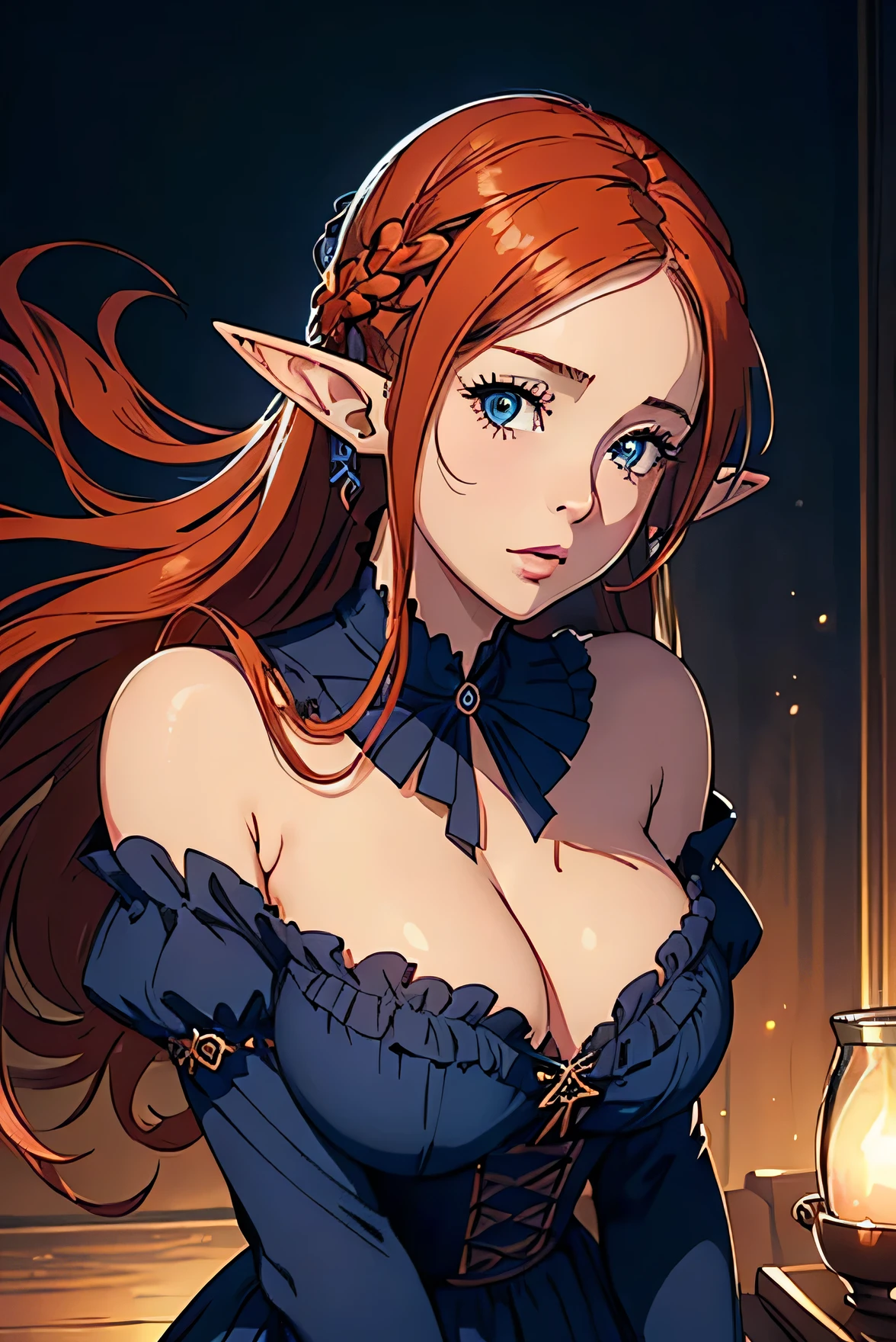 Cute Farmgirl with Braids. ((red haired woman, long hair, pointy ears, elf ear)), Perfectly round face. Beautiful cute face, Big beautiful voluptuous lips, charming beauty, ((gentle expression on your face)), ((Beautiful detailed big blue eyes)), Waist slender, Broad Hips ((Dark blue dress with ruffles, modest dress, very high neckline)) (highy detailed)),offcial art, Award-winning digital painting, digital illustration, extreme detail, 4K, ultra HD, Rococo, polished, intrikate, realistic fantasy art, sharp focus, conceptual artwork, arte por wlop, artgerm, (2D vector illustration) Lumiere, airy, hourglass figure. ellie bamber
