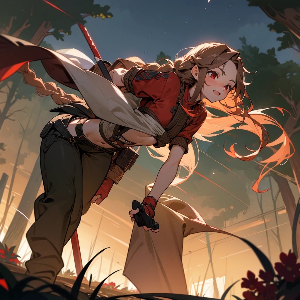 1female, sexy, young teen, finely detailed red eyes, wild long hair, braided hair, brown color hair, adventurer gear, crop top sweater, baggy combat pants, night time, dark forest, excited expression, flowers, blushing, standing on path, lanturns