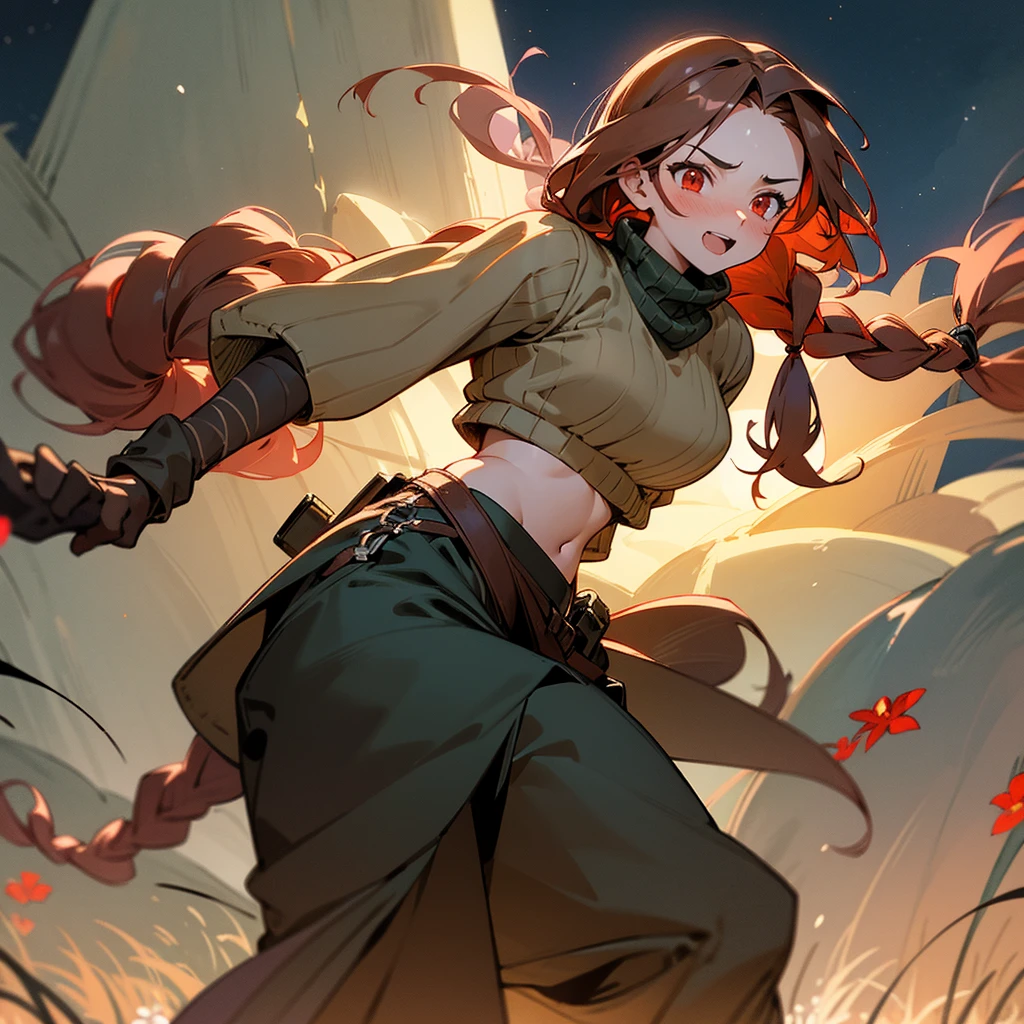 1female, sexy, young teen, finely detailed red eyes, wild long hair, braided hair, brown color hair, adventurer gear, crop top sweater, baggy combat pants, night time, dark forest, excited expression, flowers, blushing, standing on path, lanturns