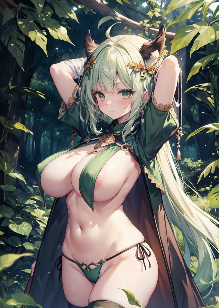 Fantasy, 1forest_Elemental_girl,(dark_skin:0.9), (Use_leaf_Clothes:1.1), green_leaf_Open_chest, leaf_Covered_Pussy,Open_Nipples,(huge_heavy_tits:1.1), walk, smile, sleepy, Moderate_hair, Navel Oil, (Take-up_vine_The surrounding area_body:1.1), forest_background, leaf_headgear, green_leaf_Cape, Spread the word_arms, big_staff, leaf_Knee socks, big_Butt,alone,(pelvis_curtain:1.2), Tabard,(Plump:0.8),Cowboy Shot