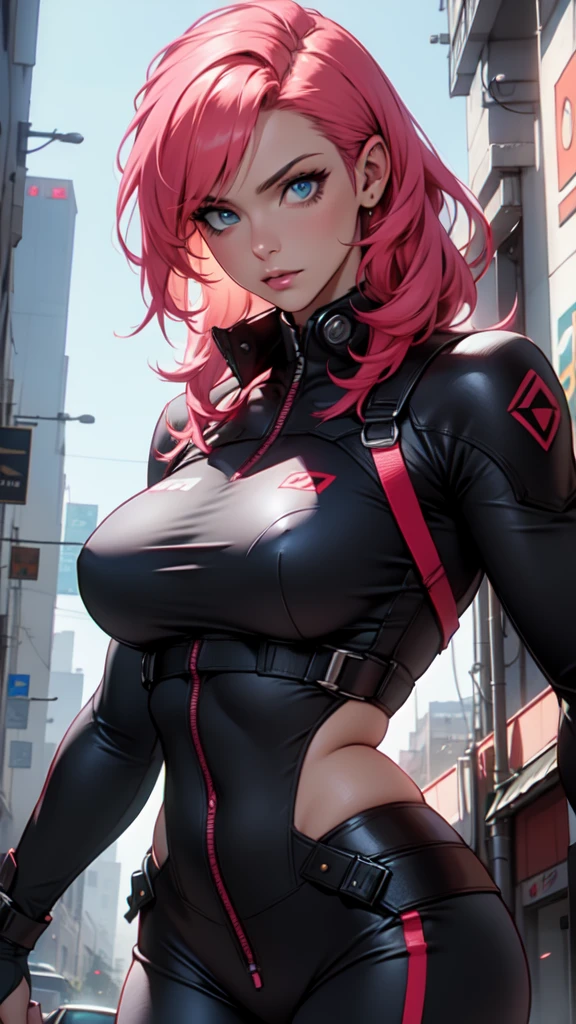 Fake body and , Mature woman in metal rising revengeance body details, foto de busto, big pink hair, shining blue eyes, wearing a mustard yellow jumpsuit, breasts big, looking 35 years old, eye on the spectator, Look to the camera, , the background is a cyberpunk city, revegeance expression, foco no rosto, de frente, foco no busto, riaden armor of metal gear rising, busty woman, eyeshield