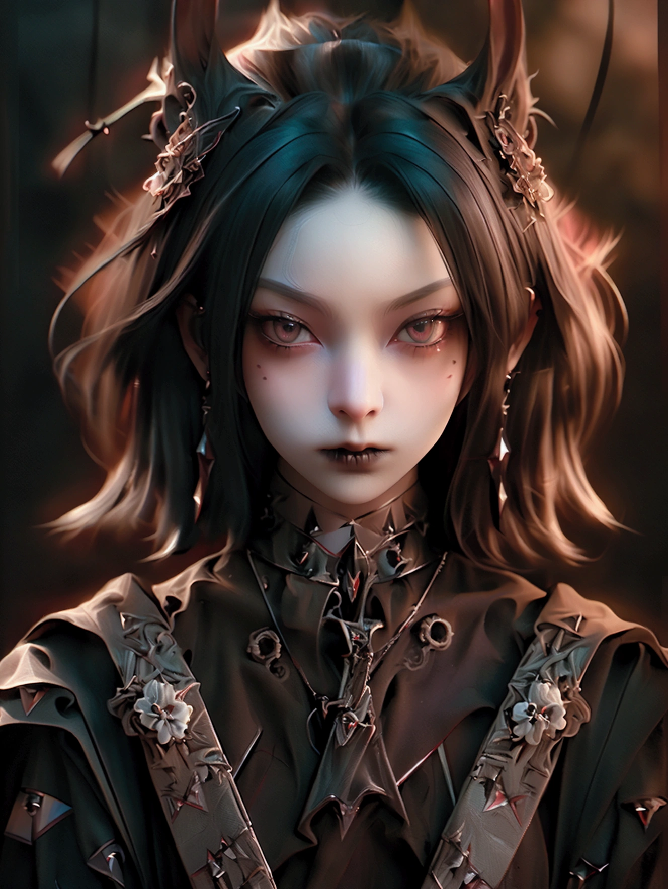(high quality: 1.3), Cinematic shots, masterpiece, (Sharp focus: 1.5), (Realistic: 1.3),Image color: black and yellow, Medium size portrait (Beautiful young vampire woman, Pale skin, Gothic, Still proud、intense, Straight black short bob hair, Dark look, Wearing a very detailed dark tunic, Dark atmosphere, but、Sculpting shapes with chiaroscuro), that'night, (Highly detailed skin), (Detailed face), Detailed Background, Dim lighting, dusk lighting, Volumetric lighting, Intricate details, Ultra-high resolution,
