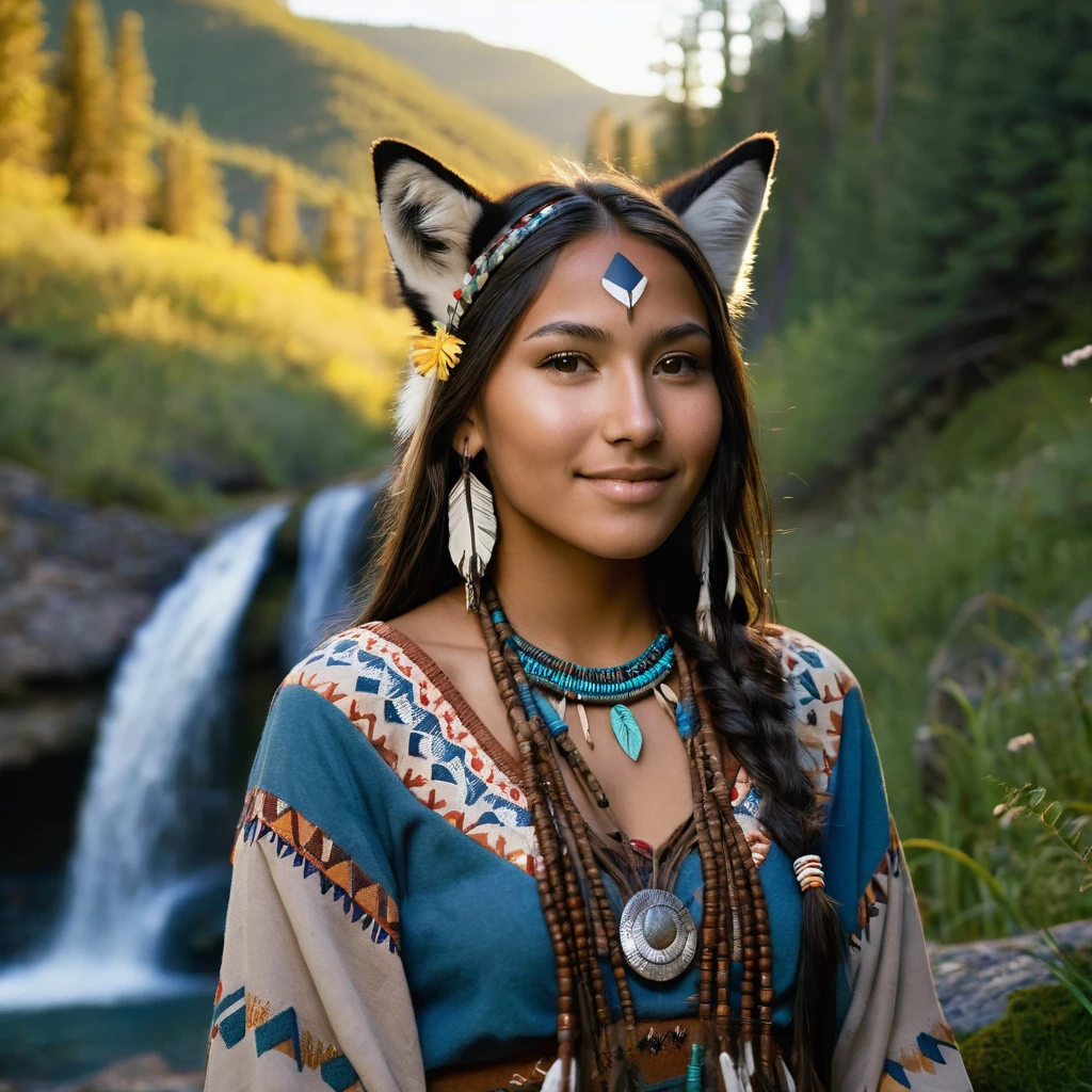 (grainy:0.5), cinematic, beautiful girl 25 year old,native american,fantasy,(solo:1.3), detailed brown eyes, detailed face, detailed native American sexy clothing , volumetric lighting, dusk, extremely detailed background, standing next to forest, mountains, flowers, water fall, smiling, half closed eyes, tilted head, from side, sitting next to her fox