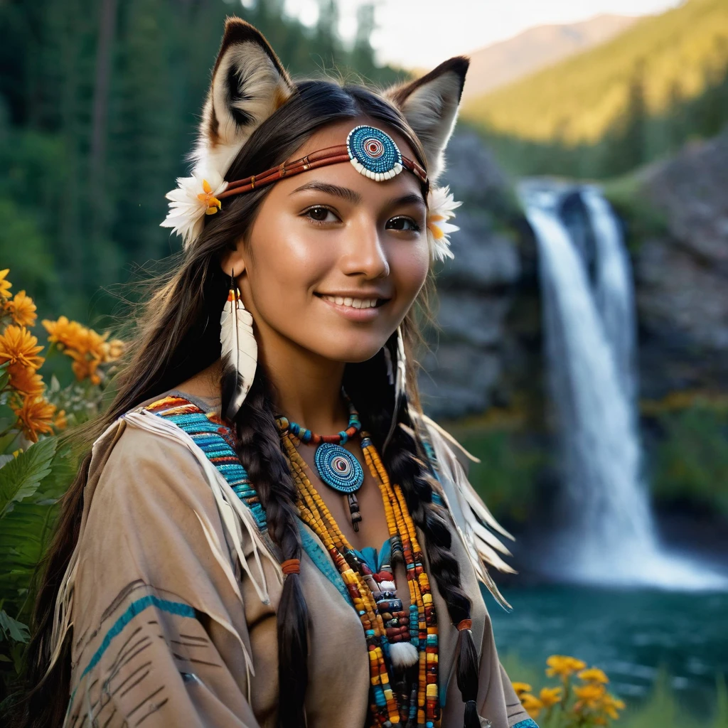 (grainy:0.5), cinematic, beautiful girl 25 year old,native american,fantasy,(solo:1.3), detailed brown eyes, detailed face, detailed native American sexy clothing , volumetric lighting, dusk, extremely detailed background, standing next to forest, mountains, flowers, water fall, smiling, half closed eyes, tilted head, from side, sitting next to her fox