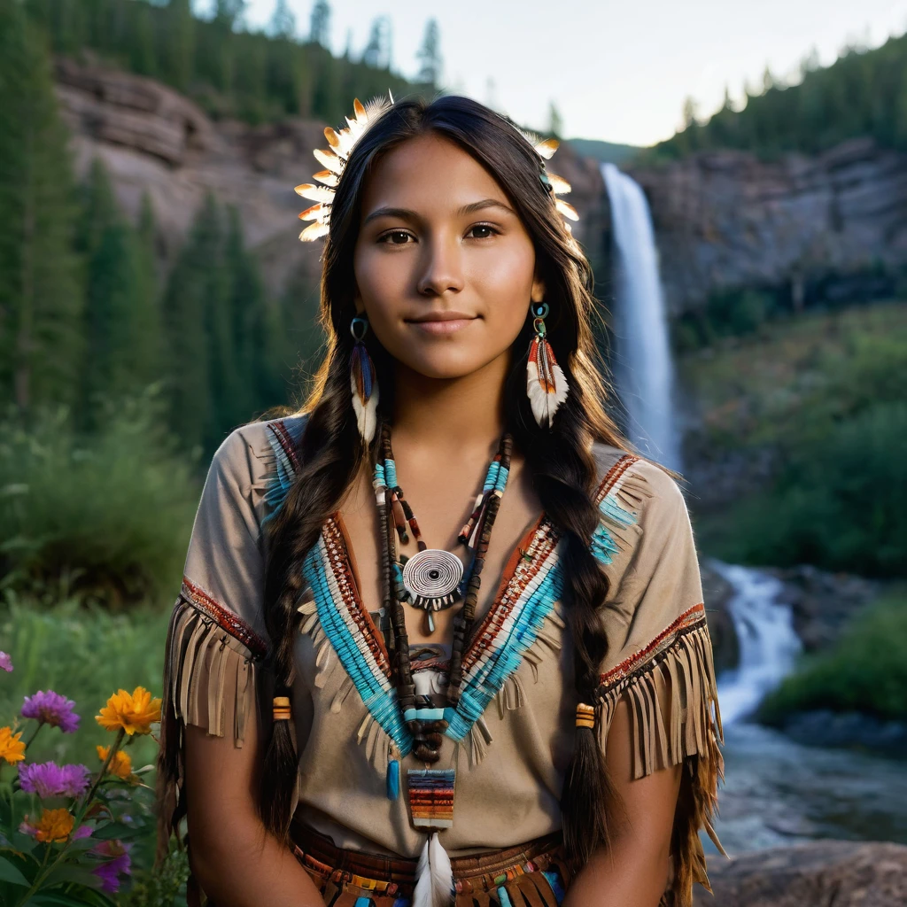 (grainy:0.5), cinematic, beautiful girl 25 year old,native american,fantasy,(solo:1.3), detailed brown eyes, detailed face, detailed native American sexy clothing , volumetric lighting, dusk, extremely detailed background, standing next to forest, mountains, flowers, water fall, smiling, half closed eyes, tilted head, from side, sitting next to her fox