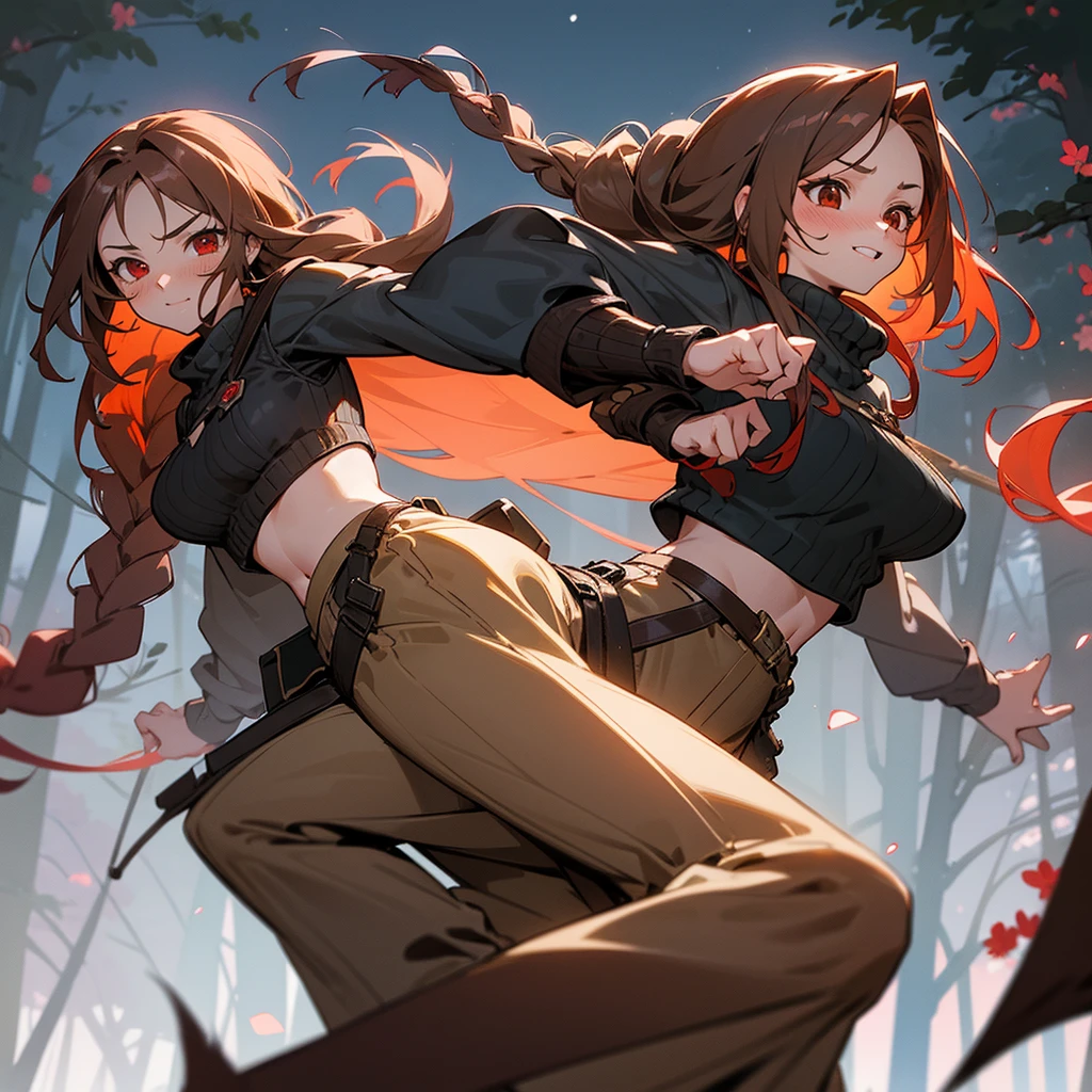1female, sexy, young teen, finely detailed red eyes, wild long hair, braided hair, brown color hair, adventurer gear, crop top sweater, baggy combat pants, night time, dark forest, excited expression, flowers, blushing, standing on path, lanturns