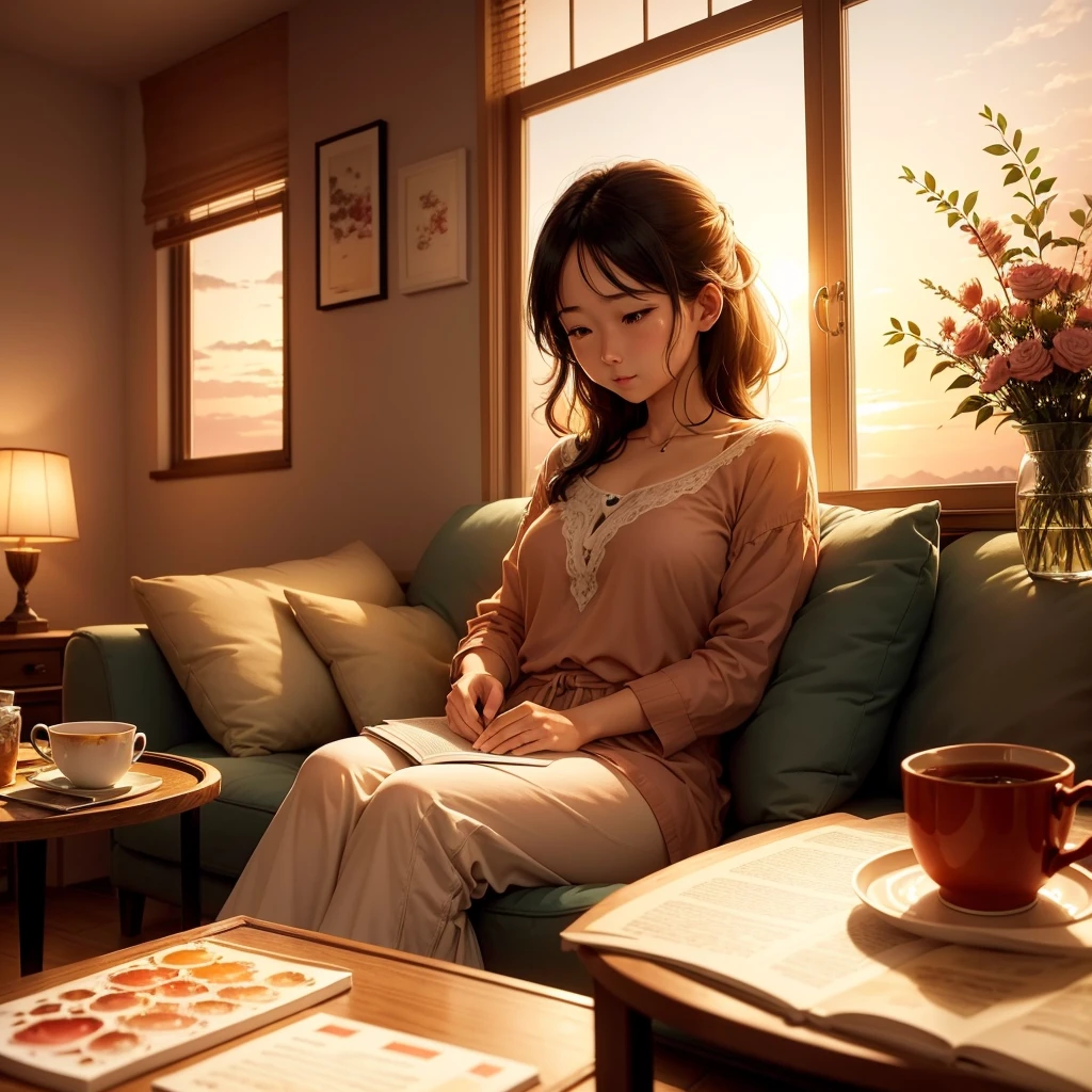 In a room bathed in the sunset、A woman sitting on a sofa reading a book。There is a cup of hot tea in front of me、Steam is rising。Watercolor、warm color、Serene atmosphere