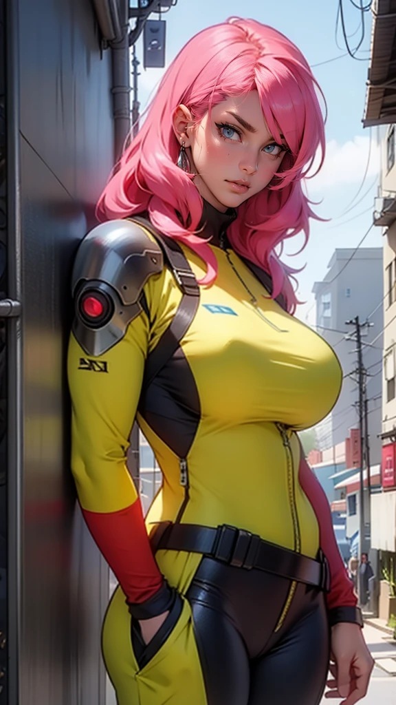 Fake body and , Mature woman in metal rising revengeance body details, foto de busto, big pink hair, shining blue eyes, wearing a mustard yellow jumpsuit, breasts big, looking 35 years old, eye on the spectator, Look to the camera, , the background is a cyberpunk city, revegeance expression, foco no rosto, de frente, foco no busto, riaden armor of metal gear rising, busty woman, eyeshield