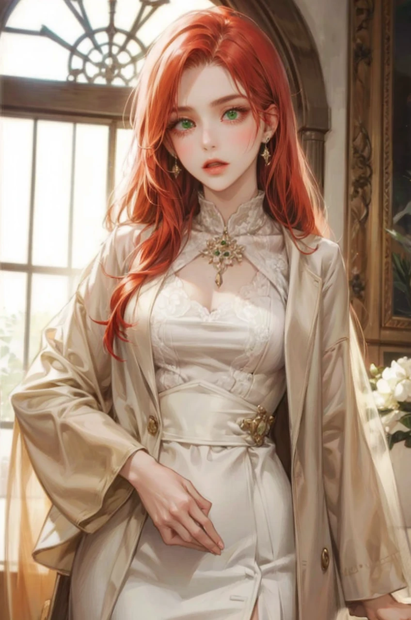 Noble woman, Caucasian skin, long face, greeneyes, red color hair