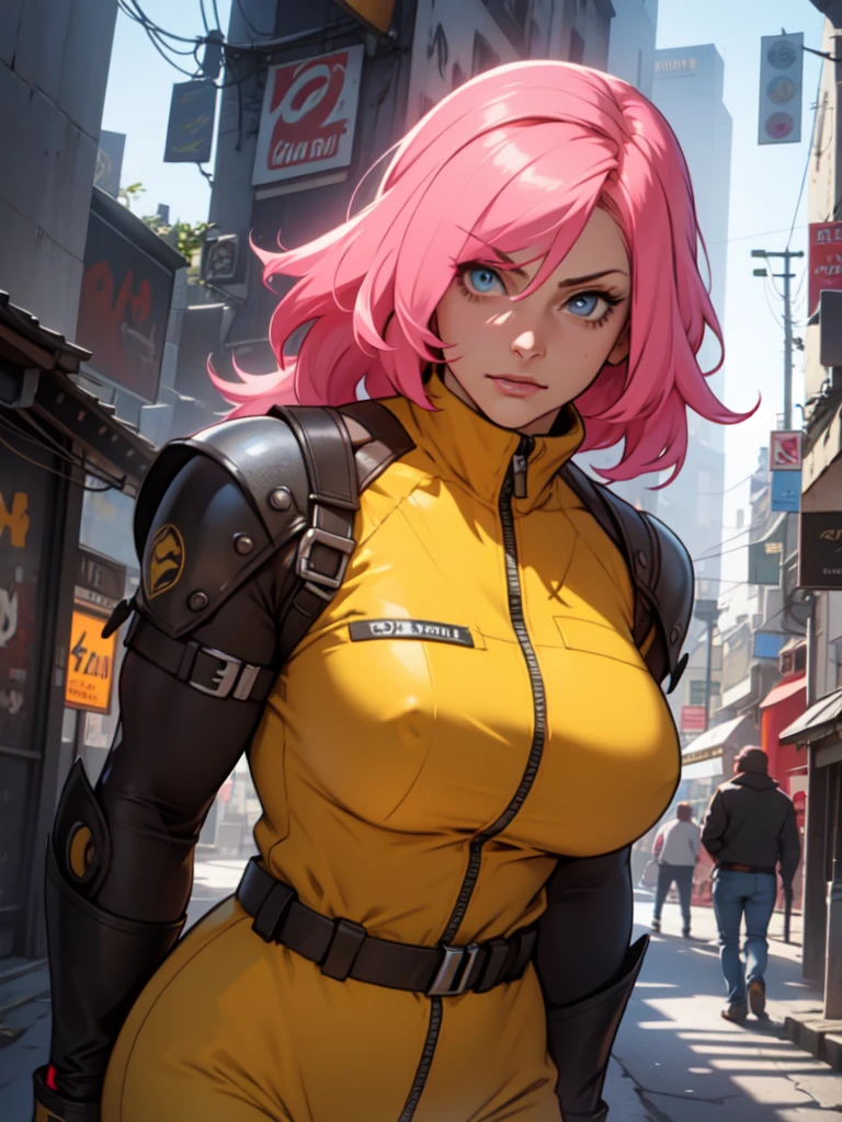 Fake body and , Mature woman in metal rising revengeance body details, foto de busto, big pink hair, shining blue eyes, wearing a mustard yellow jumpsuit, breasts big, looking 35 years old, eye on the spectator, Look to the camera, , the background is a cyberpunk city, revegeance expression, foco no rosto, de frente, foco no busto, riaden armor of metal gear rising, busty woman, eyeshield