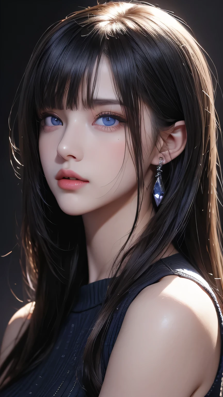 masterpiece, best quality, ultra-detailed, facing the camera head on, intricately detailed hyperdetailed, realistic, sharp features, highly detailed, sharp focus, perfect face, perfect face, perfect symmetrically perfect eyes, perfect full lips, flexible female form, cinematic, film light, hyper detailed, hyper realistic, masterpiece, atmospheric, high resolution, vibrant, dynamic studio lighting, ((Dark background)), Facial expressions when receiving pleasure, straight Bangs, blue Eyes,black sweater, cowboy shot, Big breasts,