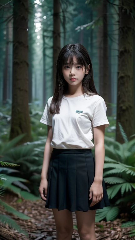 ((( girl))), (((standing alone in dark forest))), (((midnight))), Japanese, medium hair, straight face, no smile, no expression, not looking at me, trainers and mini skirt, poor sad girl, lost in the woods, midnight in the woods, faint moonlight, movie One scene, high resolution, highly detailed, details, masterpiece, best quality, awards, highest resolution, realistic, raw photos, 8K wallpaper