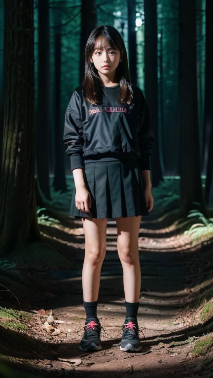 (((10 year old girl))), (((standing alone in dark forest))), (((midnight))), Japanese, medium hair, straight face, no smile, no expression, not looking at me, trainers and mini skirt, poor sad girl, lost in the woods, midnight in the woods, faint moonlight, movie One scene, high resolution, highly detailed, details, masterpiece, best quality, awards, highest resolution, realistic, raw photos, 8K wallpaper