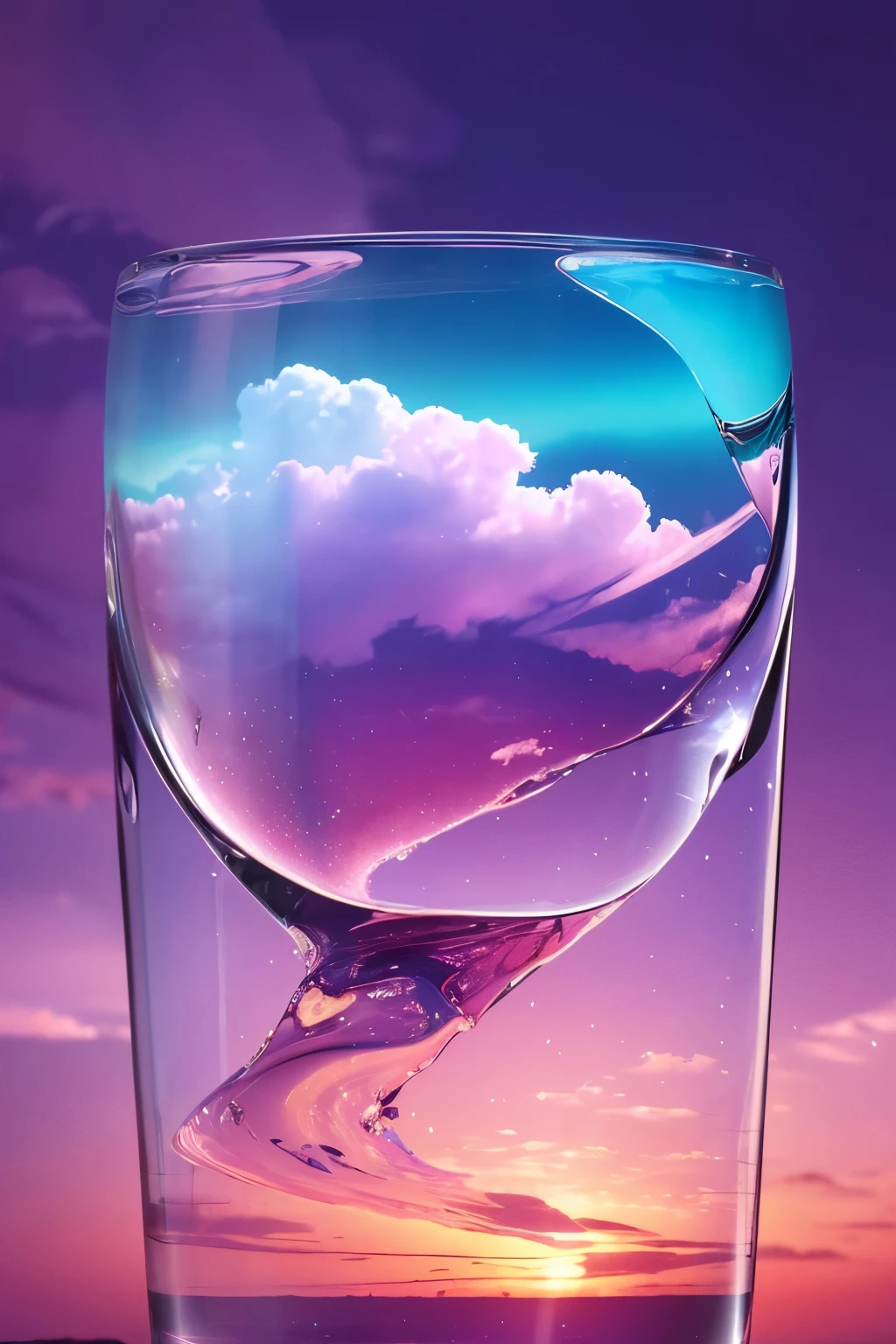 Tied to the code、Let A be a transparent dry cell.。Colorful liquid enters A。When A is full,、Liquid overflows。The background is a pink and purple gradient sky with clouds above。