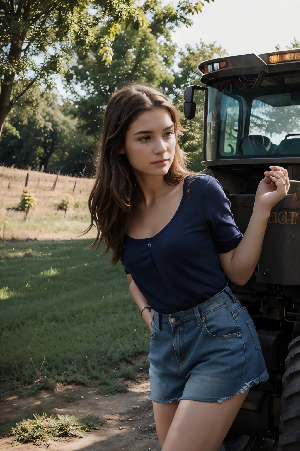 fille en sous vêtement sur un tracteur
