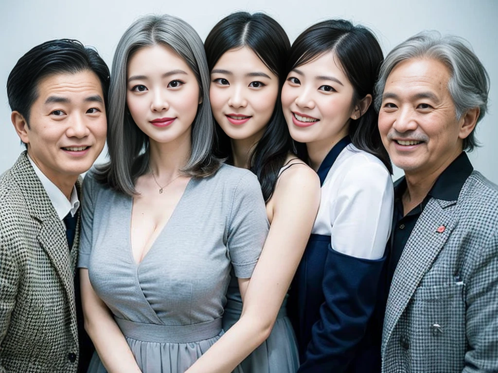 (A young and beautiful Korean female president dressed as a politician takes a family photo with her three elderly grey-haired grandparents.:1.3)(Grinning expression:1.2)(20-year-old:1.3)(Huge , There is cleavage in the chest:1.2),(Sweating profusely)(Huge boobs)(Elegant, shiny, long black hair:1.2))(8k, RAW Photos, Highest quality, masterpiece: 1.2),High-resolution RAW color photos, Professional photos, Very detailed and beautiful,(she'She's very skinny but has big breasts:1.4), Small face:1.Perfect anatomical figure、(Browsing Caution:1.1)(Huge breasts that make your clothes burst: 0.9) (Huge胸 :1.4)(Classy makeup,eyeliner/eye shadow,lipstick,Fair skin,Beautiful Skin)(Full body photo:1.1)(Shiny Hair:1.3)(lipstick:1.2)(Too big earrings:1.2)(Beautiful female college student:1.2)(セクシーな韓国人sister:1.2)(sister:1.1))(Family group photo:1.3)(Box Coverage,Press conference:1.2)Off-the-shoulder blouse,