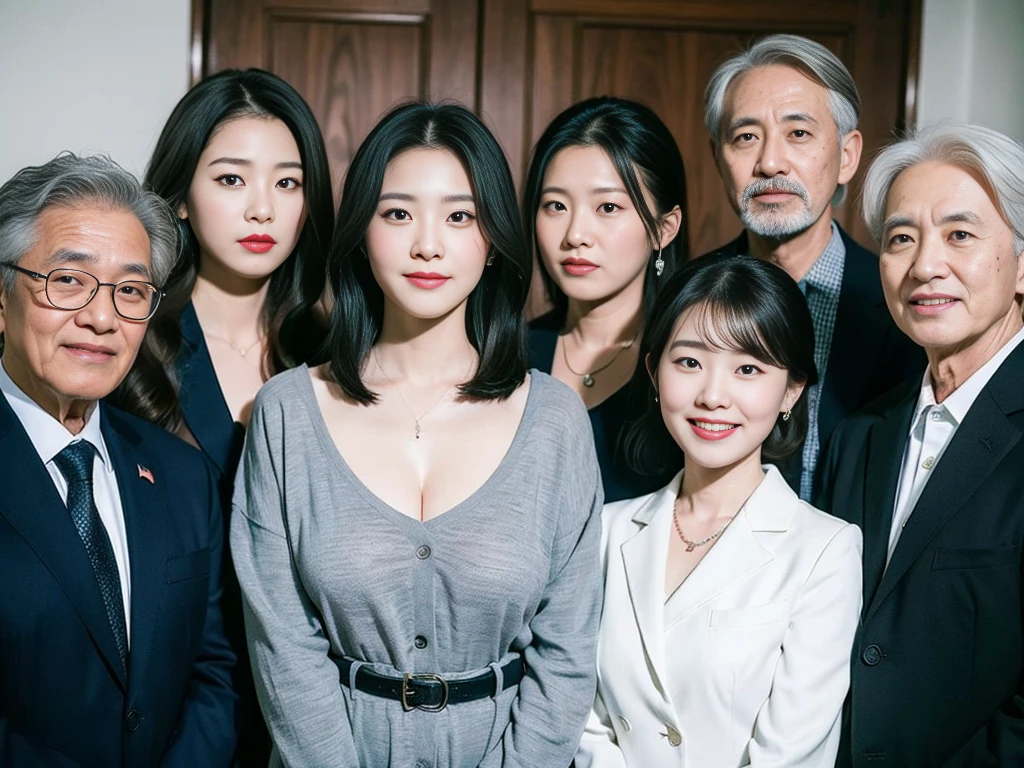 (A young and beautiful Korean female president dressed as a politician takes a family photo with her three elderly grey-haired grandparents.:1.3)(Grinning expression:1.2)(20-year-old:1.3)(Huge , There is cleavage in the chest:1.2),(Sweating profusely)(Huge boobs)(Elegant, shiny, long black hair:1.2))(8k, RAW Photos, Highest quality, masterpiece: 1.2),High-resolution RAW color photos, Professional photos, Very detailed and beautiful,(she&#39;She&#39;s very skinny but has big breasts:1.4), Small face:1.Perfect anatomical figure、(Browsing Caution:1.1)(Huge breasts that make your clothes burst: 0.9) (Huge胸 :1.4)(Classy makeup,eyeliner/eye shadow,lipstick,Fair skin,Beautiful Skin)(Full body photo:1.1)(Shiny Hair:1.3)(lipstick:1.2)(Too big earrings:1.2)(Beautiful female college student:1.2)(セクシーな韓国人sister:1.2)(sister:1.1))(Family group photo:1.3)(Box Coverage,Press conference:1.2)Off-the-shoulder blouse,