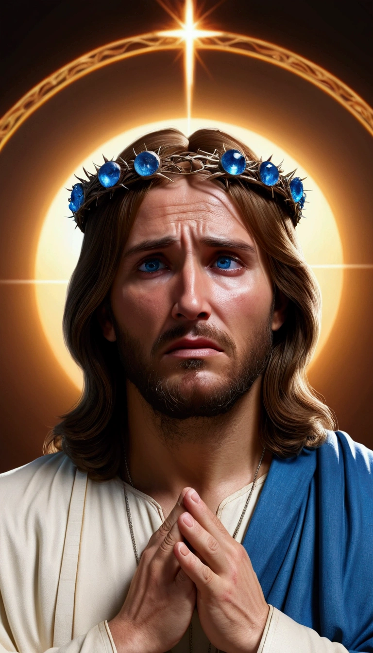 jesus crying with his eyes open and his hands out, epic professional digital art, light brown hair blue eyes, thumbnail, in style of anne stokes, scars on his face, emote, jeffery epstein, sadness personified, lorem ipsum dolor sit amet, npc with a saint\'s halo, sadness
