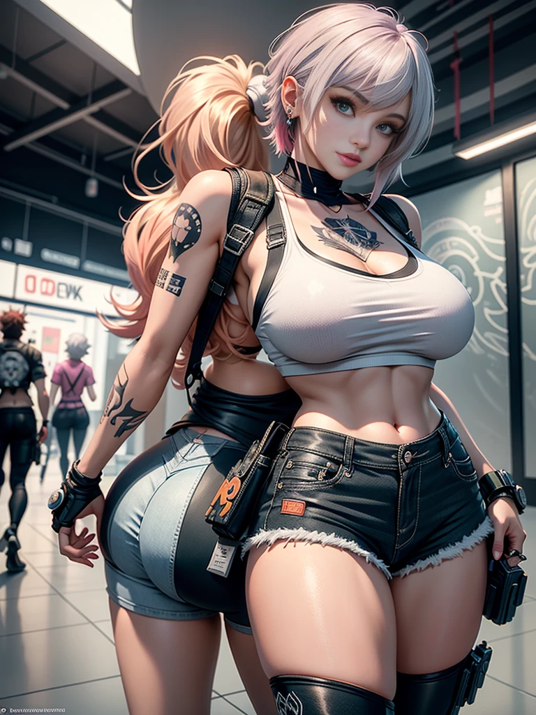 sfw, gwen tennyson,tracer,yorha 2b,y'shtola rhul,overwatch,nier automata,mecha pilot,shopping center,tattoos,orange and pink plugsuit,white short sleeve top,denim micro shorts,fishnet garter belt, uncovered belly,short hair,cute makeup,green eyes,multicolored silver hair,sexy smile,freckles,beautiful girl,large breasts,8k,ultra detailed, realistic,fantasy art,skater uniform,ear piercings,cyberpunk suit,saiyan girl, saiyan female,pink short sleeve sport hoodie,bear ear beanie,graffiti wall art,walking,small backpack, wearing bra,((skinny waist)), young asian girl, ((big breasted)),