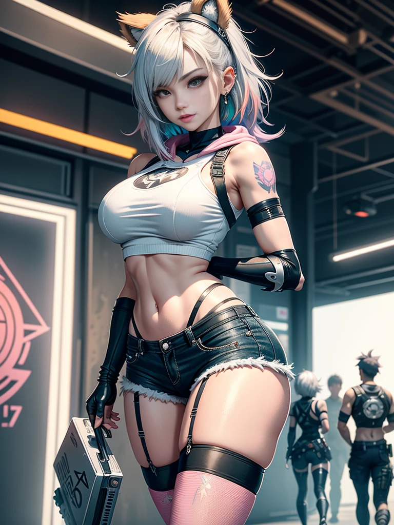 sfw, gwen tennyson,tracer,yorha 2b,y'shtola rhul,overwatch,nier automata,mecha pilot,shopping center,tattoos,orange and pink plugsuit,white short sleeve top,denim micro shorts,fishnet garter belt, uncovered belly,short hair,cute makeup,green eyes,multicolored silver hair,sexy smile,freckles,beautiful girl,large breasts,8k,ultra detailed, realistic,fantasy art,skater uniform,ear piercings,cyberpunk suit,saiyan girl, saiyan female,pink short sleeve sport hoodie,bear ear beanie,graffiti wall art,walking,small backpack, wearing bra,((skinny waist)), young asian girl, ((big breasted)),