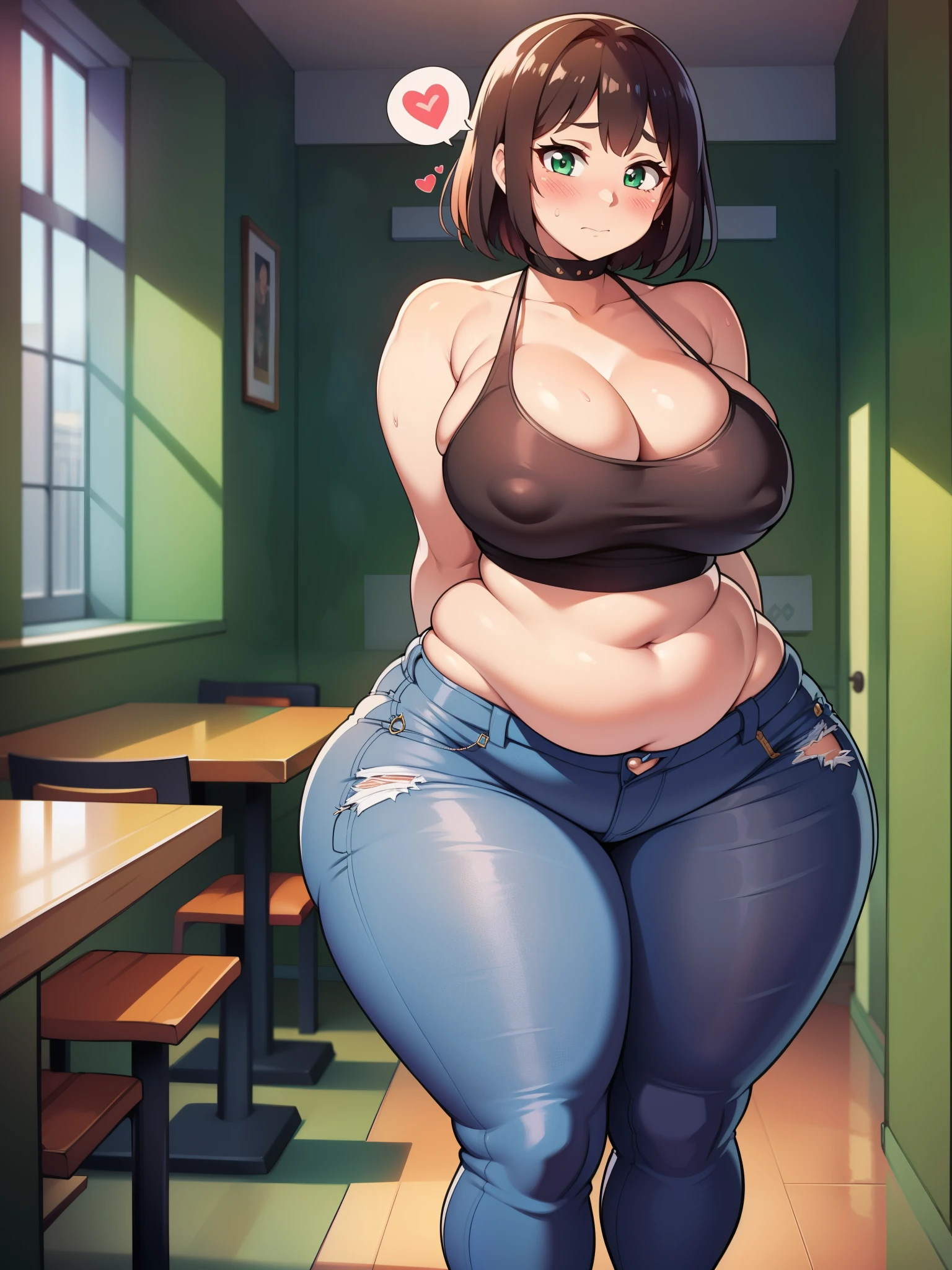 ((highres)), Masterpiece, high quality, best quality, beautiful, perfect lighting, detailed face, ultra cute face, ((1girl)), ((blush)), ((blush)), embarrassed, looking at viewer, skindentation, short brown hair, fluffy hair, green eyes, jeans, tank top, tight clothes, full body, fast food restaurant, medium breasts, perky breasts, cleavage, ((wide hips)), ((massive thighs)), ((plump)), chubby belly, fat folds, standing, (arms behind back), looking at viewer, spoken heart,