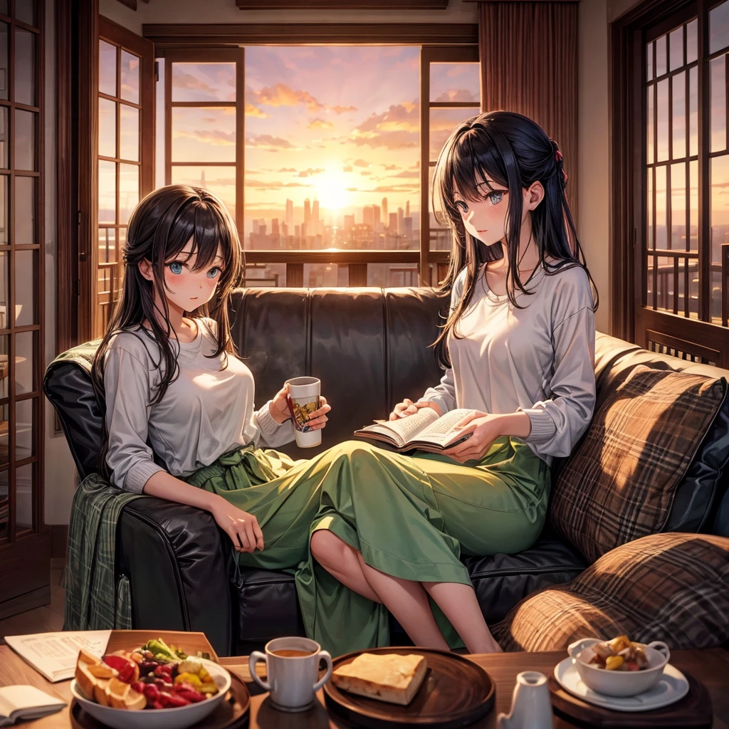 In a room bathed in the sunset、A woman sitting on a sofa reading a book。There is a cup of hot tea in front of me、Steam is rising。Watercolor、warm color、Serene atmosphere