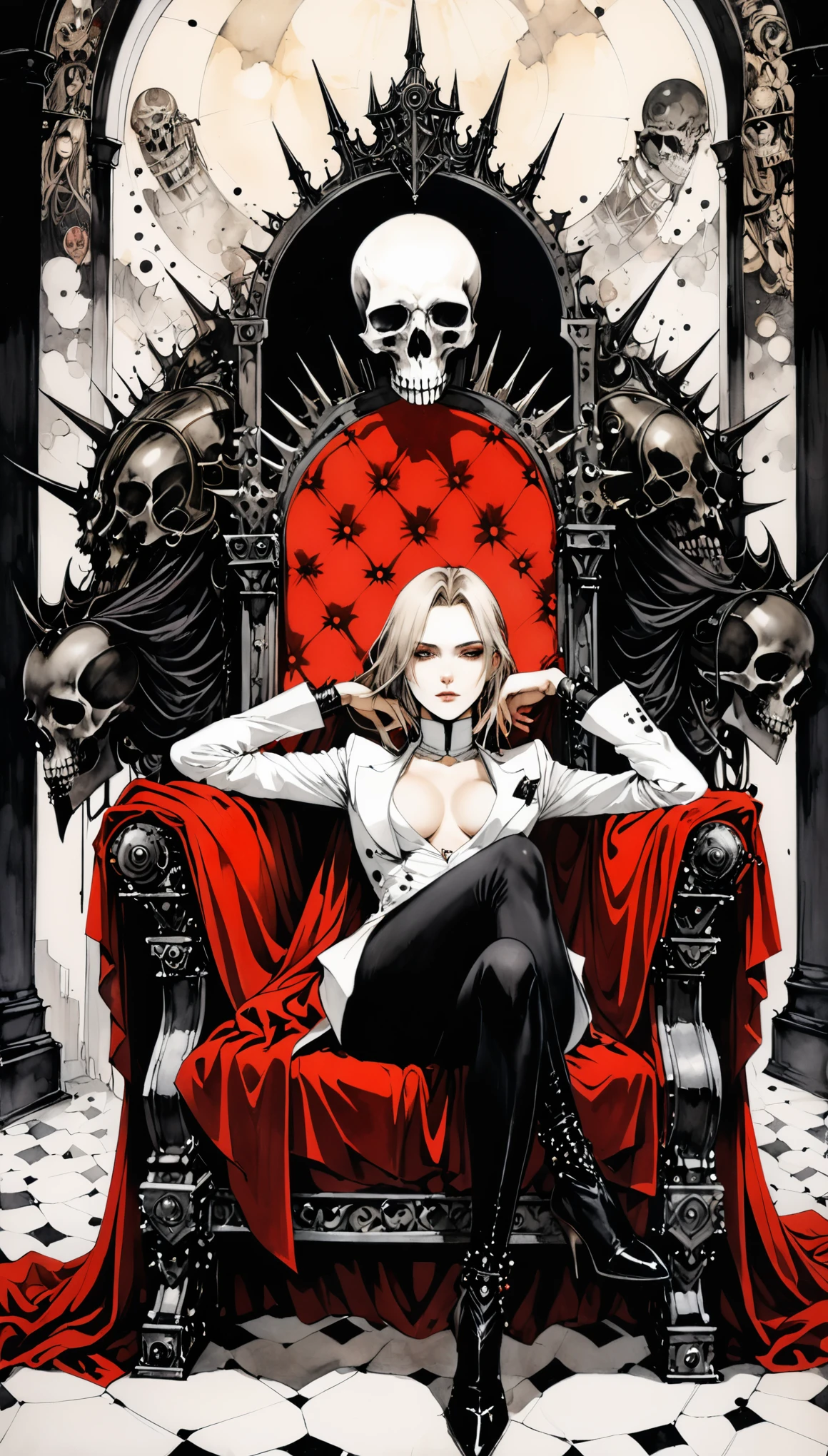 in style of Santiago Caruso,in style of Guy Aroch
1girl,(reclining:1.4),death style throne,{crossed_legs:1.5},{right hand on own chin:1.1}