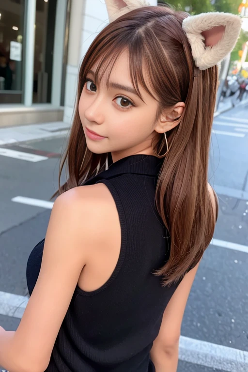 Small fox ears、((Tanned Gal))、((Tanned Gal))、one girl, (a beauty girl, delicate girl:1.3), (************, change:1.3), break,Japanese school girl uniform、(Brown fox ears) break, Definition of Very Fine Particles, (Symmetrical eyes:1.3), break, (On the streets of Shibuya), perfectly trimmed fingers, break, (Beautiful medium milk), Brown eyes, Parted bangs, Brown Hair, girl, break, (Eye and facial details:1.0), break, (masterpiece, Highest quality, Very detailed, Detailed face, 8k)