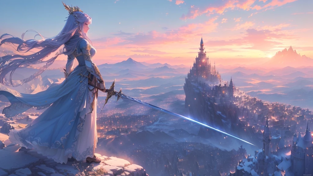 A woman in a long dress stands on a mountain with a sword, In front of a fantastic city, 2. 5d cgi anime fantasy artwork, Elegant cinematic fantasy art, highly detailed fantasy art, 4K fantasy art, detailed fantasy art, Marc Simonetti and Sakimicha, final fantasy artwork concept, High fantasy concept art, Beautiful concept art