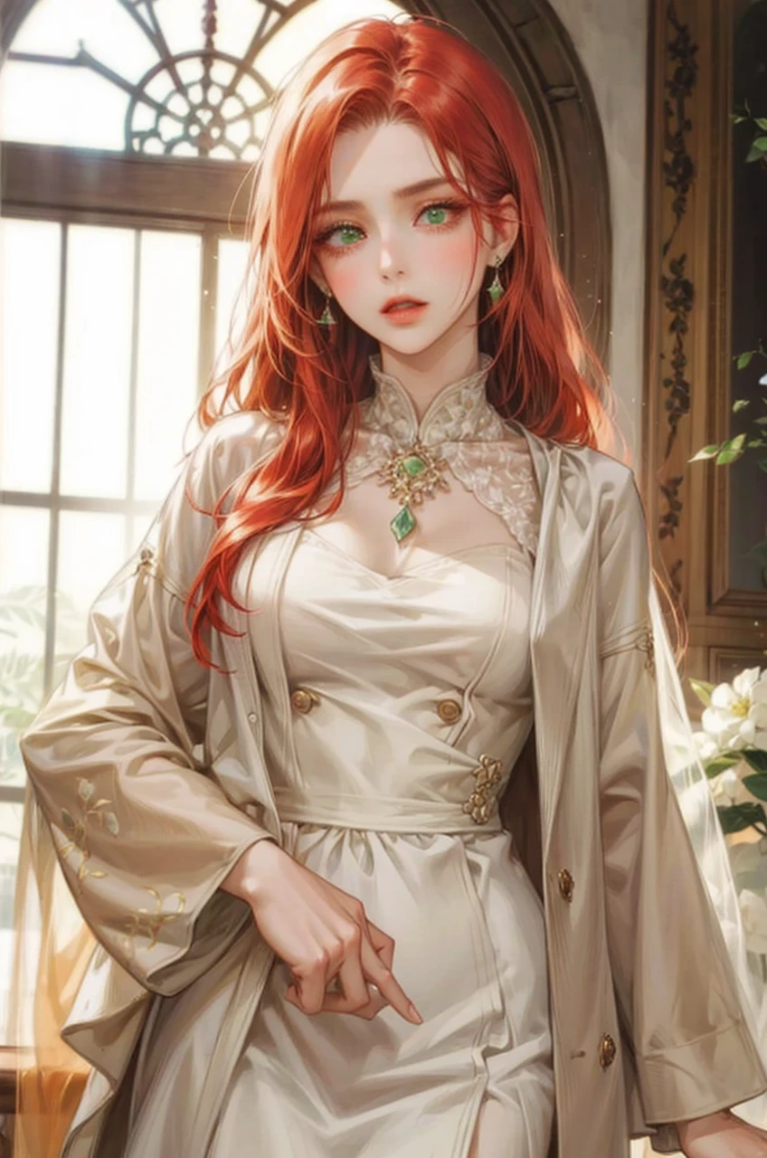 Noble woman, Caucasian skin, long face, greeneyes, red color hair