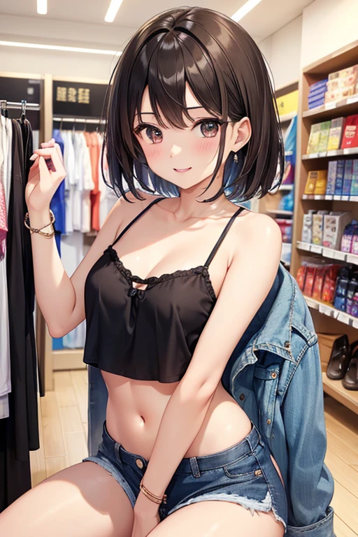 anegasaki nene、Shiny brown hair, short hair, (Beautiful brown eyes、Sparkling eyes, Fine grain)、smile、Ultra-detailed eyes、Highly detailed face, Highly detailed eyes,
One Girl、Perfect Anatomy、Correct human body、Woman with pretty face、Perfect beauty、
,20-year-old,camisole,clavicle,smile,belly button,between legs,Denim shorts,タイトなcamisole ,I looked at the racks of clothes at the department store..
She is on display々While looking at accessories and small items、I was talking to myself.。.
A silver bracelet on her wrist. While she is shopping, The girl is in the store.々Brightly colored and sparkling products々I couldn't help but be fascinated by。. she is cute, Heart-shaped earrings and a matching necklace,Admire them in a bright light, Fluorescent lamp