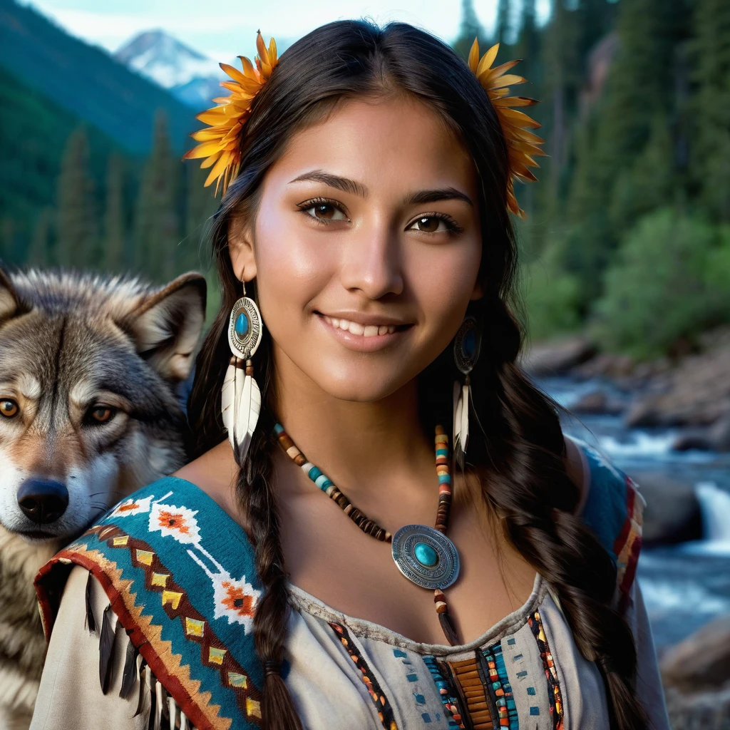 (grainy:0.5), cinematic, beautiful girl 25 year old,native american,fantasy,(solo:1.3), detailed brown eyes, detailed face, detailed native American sexy clothing , volumetric lighting, dusk, extremely detailed background, standing next to forest, mountains, flowers, water fall, smiling, half closed eyes, tilted head, from side, sitting next to her wolf