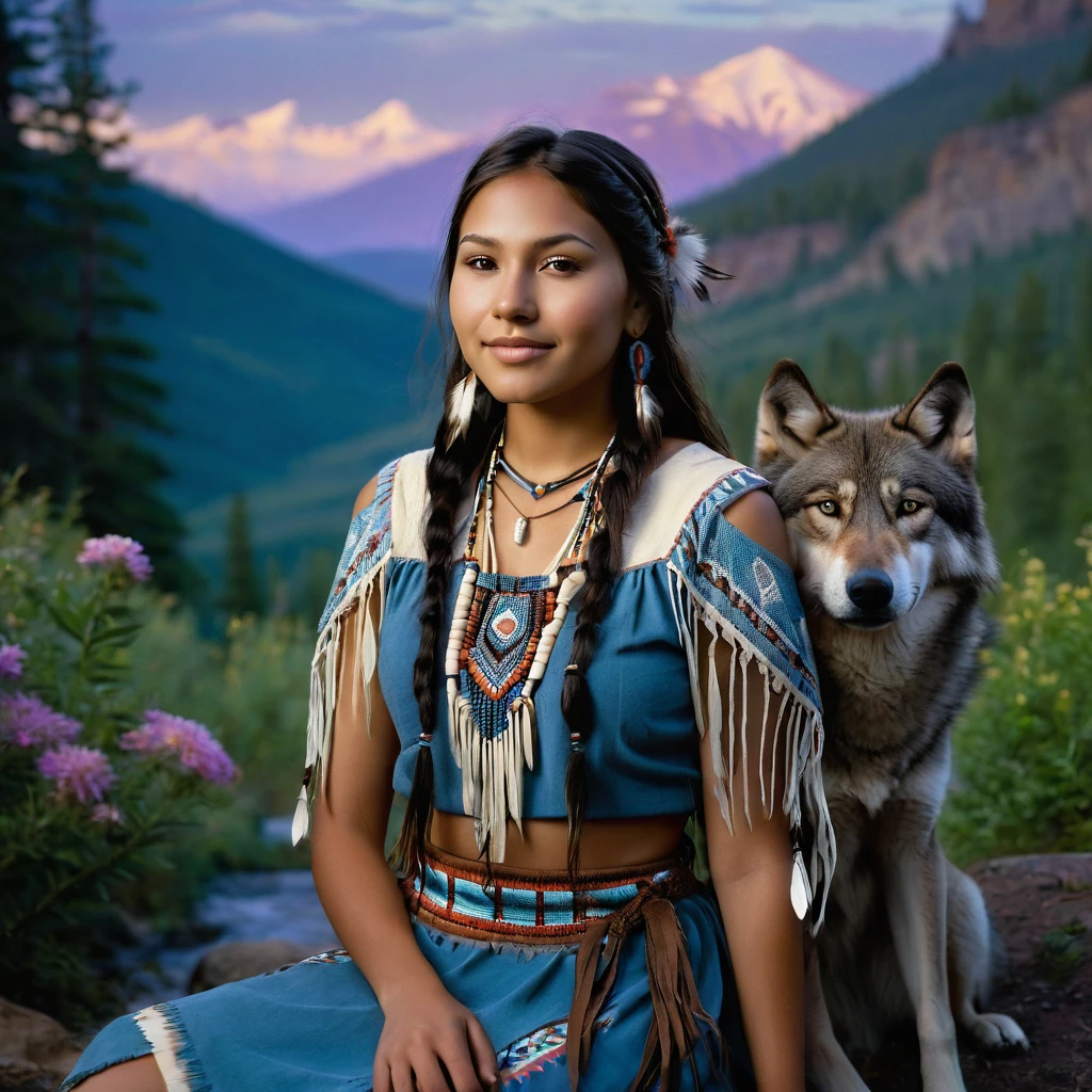 (grainy:0.5), cinematic, beautiful girl 25 year old,native american,fantasy,(solo:1.3), detailed brown eyes, detailed face, detailed native American sexy clothing , volumetric lighting, dusk, extremely detailed background, standing next to forest, mountains, flowers, water fall, smiling, half closed eyes, tilted head, from side, sitting next to her wolf