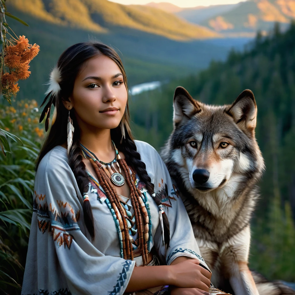 (grainy:0.5), cinematic, beautiful girl 25 year old,native american,fantasy,(solo:1.3), detailed brown eyes, detailed face, detailed native American sexy clothing , volumetric lighting, dusk, extremely detailed background, standing next to forest, mountains, flowers, water fall, smiling, half closed eyes, tilted head, from side, sitting next to her wolf