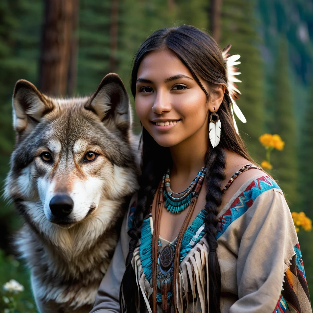 (grainy:0.5), cinematic, beautiful girl 25 year old,native american,fantasy,(solo:1.3), detailed brown eyes, detailed face, detailed native American sexy clothing , volumetric lighting, dusk, extremely detailed background, standing next to forest, mountains, flowers, water fall, smiling, half closed eyes, tilted head, from side, sitting next to her wolf