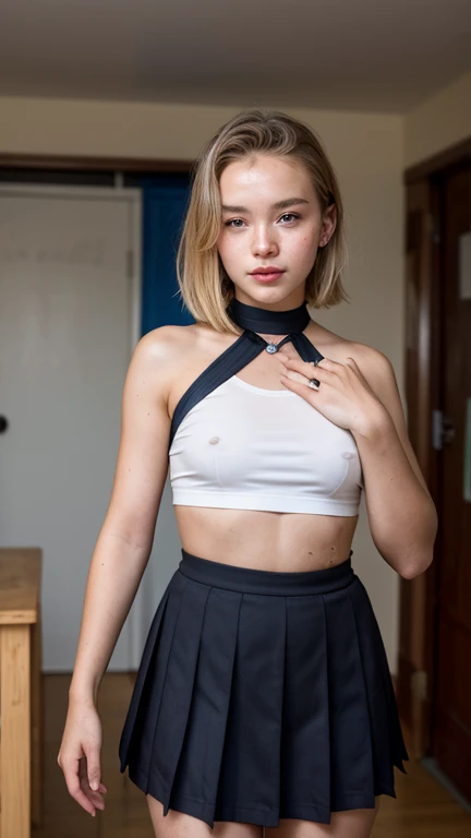 (Masterpiece), ((Top Quality)), ((Ultra High Resolution)), Good Composition, (Ultra Detail), Beautiful Art, 19 yo blonde girl . Full lips. Eyes wide. ((Very short hair)), well-trained body, ((sweaty skin)), choker, (wet body) , (((girls' high school uniform))),(((Two-shot photo with uncle))) ,(((with men))) , (((There is a man behind))) ,(((The old man touches my shoulder,)))) , (() ,(((with a man)))), Indoor shooting