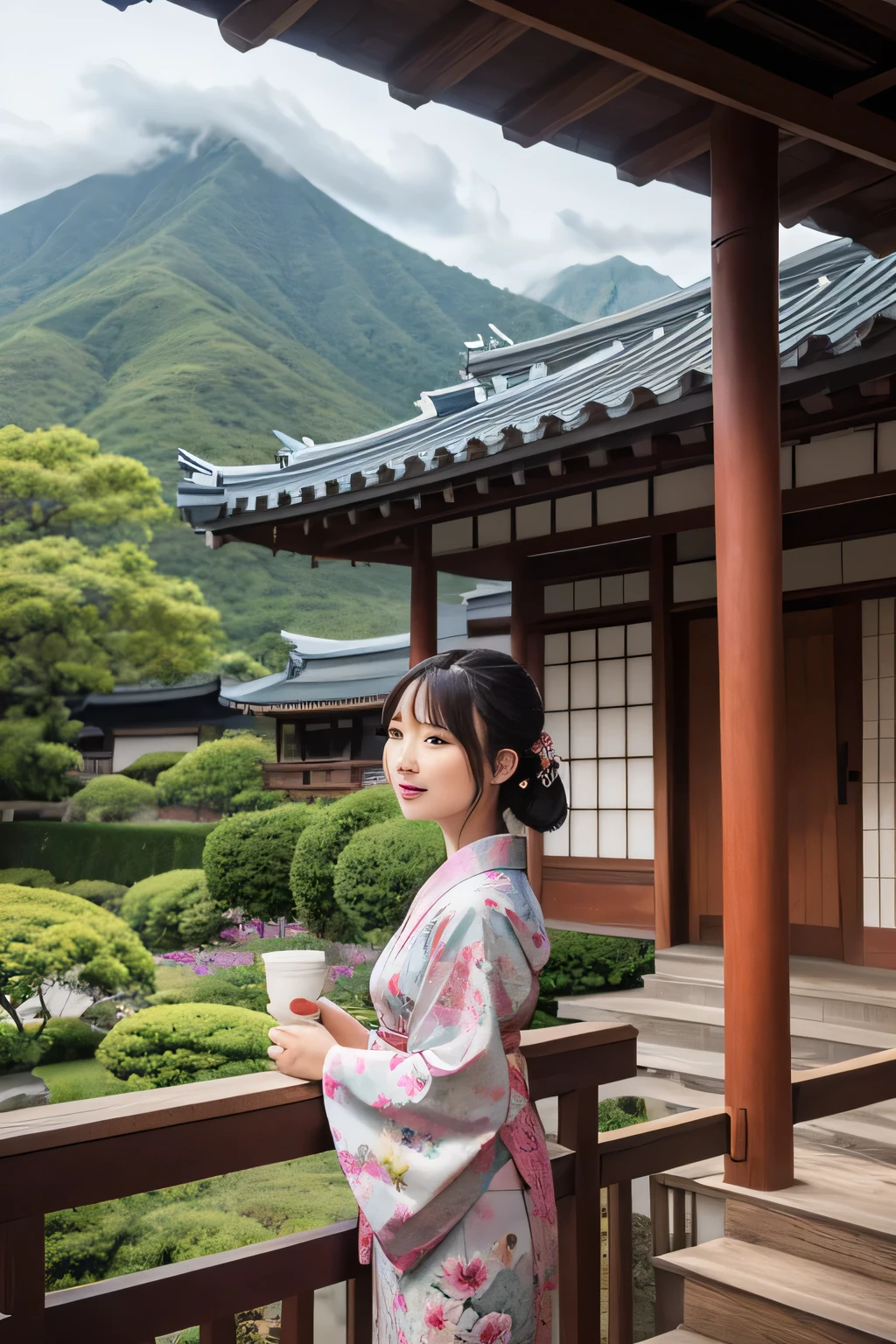 photoshop_(medium), original, sky, day, cloud, tree, no_humans, building, scenery, mountain, house, architecture, east_asian_architecture, landscape, 1girl, solo, flower, japanese_clothes, kimono, photo_(medium)