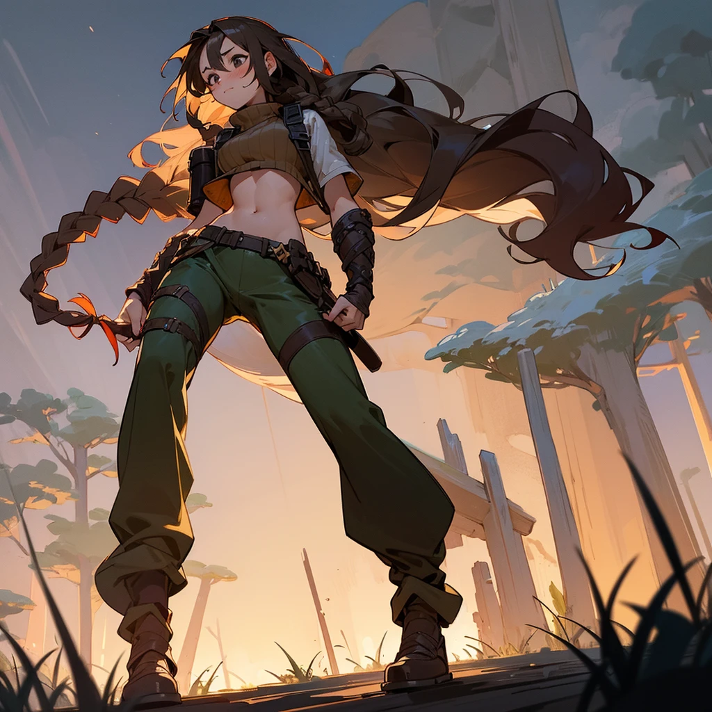 1female, sexy, young , finely detailed black eyes, wild long hair, braided hair, brown color hair, adventurer gear, crop top sweater, baggy combat pants, night time, dark forest, excited expression, flowers, blushing, standing on path, lanturns