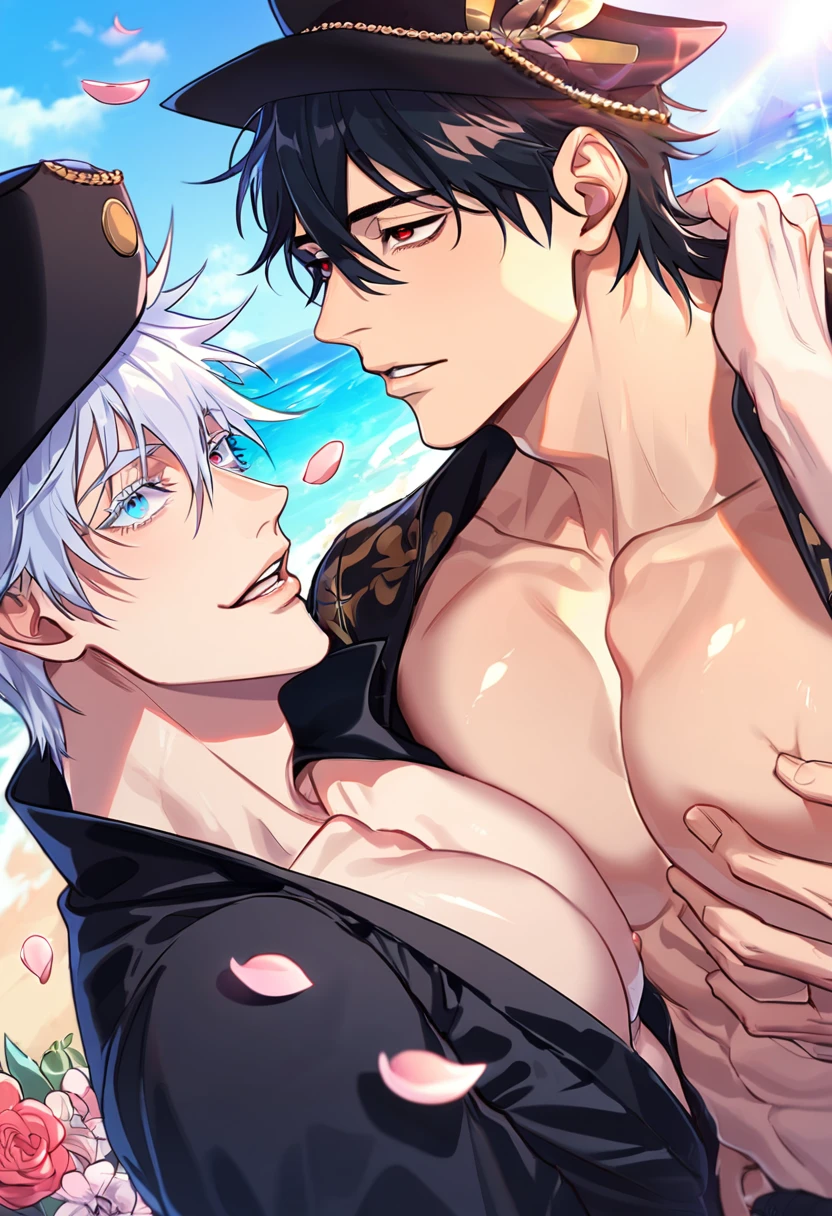 absurdres, highres, ultra detailed, HDR, master piece, best quality, Gojou Satoru, white hair, expressive blue eyes, white eyelashes, Jujutsu Kaisen, Quincy, black hair, hair between the eyes, expressive red eyes, two sexy men together, yaoi, gay couple, handsome, horny, black hat, fantasy black pirate clothes, accessories, showing the chest, beach, sea, petals, flowers, Nu Carnival