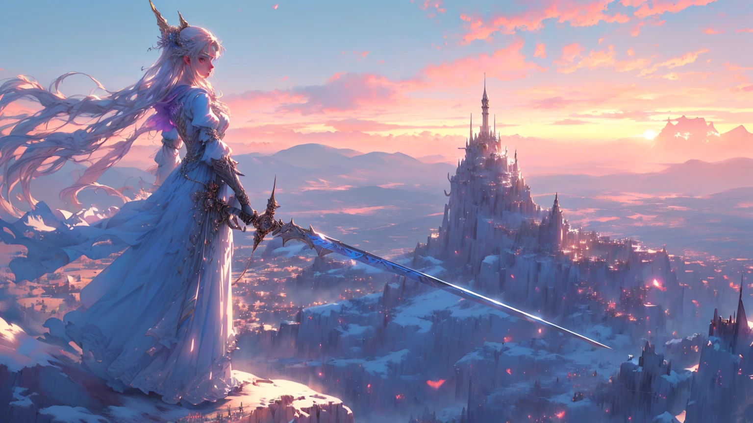 A woman in a long dress stands on a mountain with a sword, In front of a fantastic city, 2. 5d cgi anime fantasy artwork, Elegant cinematic fantasy art, highly detailed fantasy art, 4K fantasy art, detailed fantasy art, Marc Simonetti and Sakimicha, final fantasy artwork concept, High fantasy concept art, Beautiful concept art