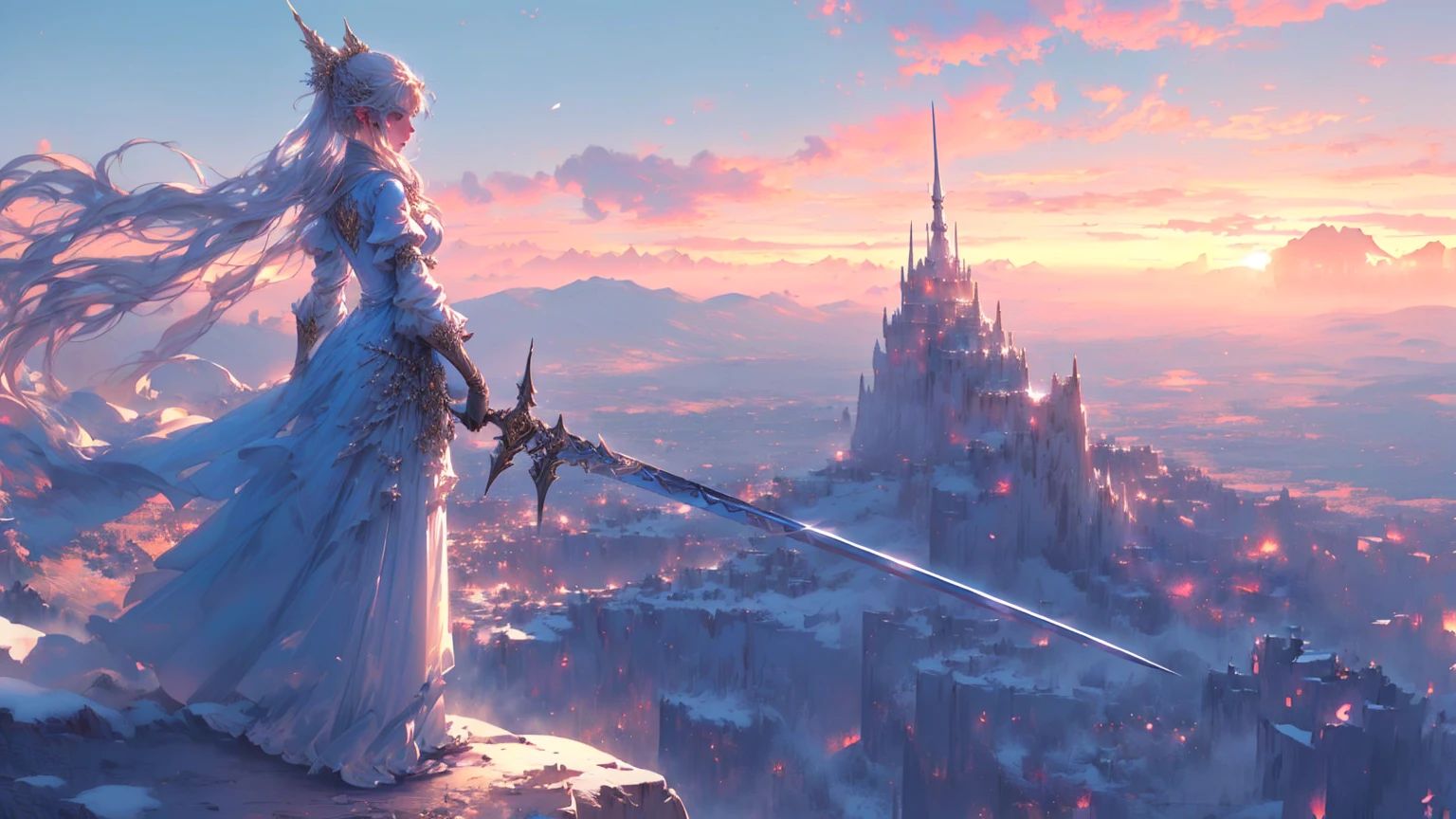 A woman in a long dress stands on a mountain with a sword, In front of a fantastic city, 2. 5d cgi anime fantasy artwork, Elegant cinematic fantasy art, highly detailed fantasy art, 4K fantasy art, detailed fantasy art, Marc Simonetti and Sakimicha, final fantasy artwork concept, High fantasy concept art, Beautiful concept art