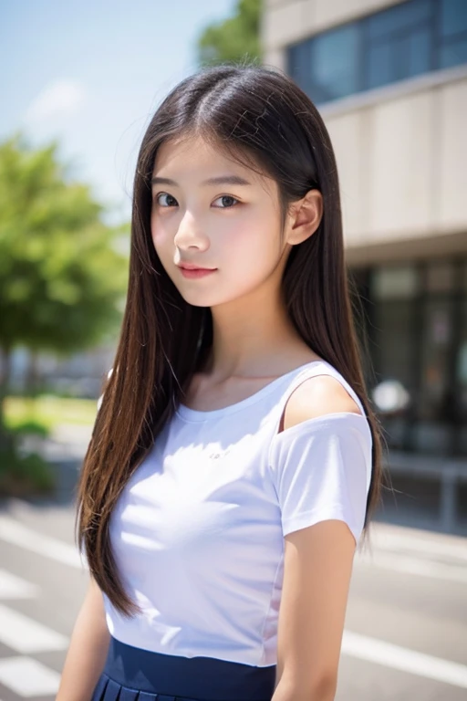 Cute high school girl、、Body-fitting sleevelessＶNeck white t-shirt、A neat and serious honor student